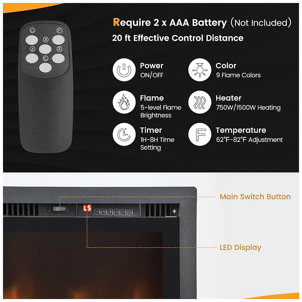 Lareira Elétrica de Embutir A45x91L cm com Controle Remoto, Cor e Brilho da Chama Ajustáveis, 110V 1500W, Tangkula, Preta