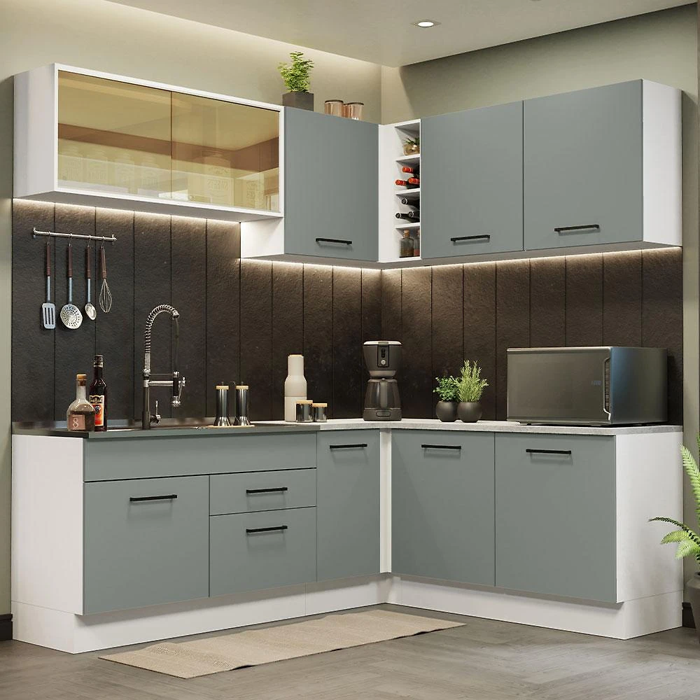 Cozinha Completa de Canto Madesa Agata 389001 com Armário e Balcão (Sem Tampo e Pia) - Branco/Cinza