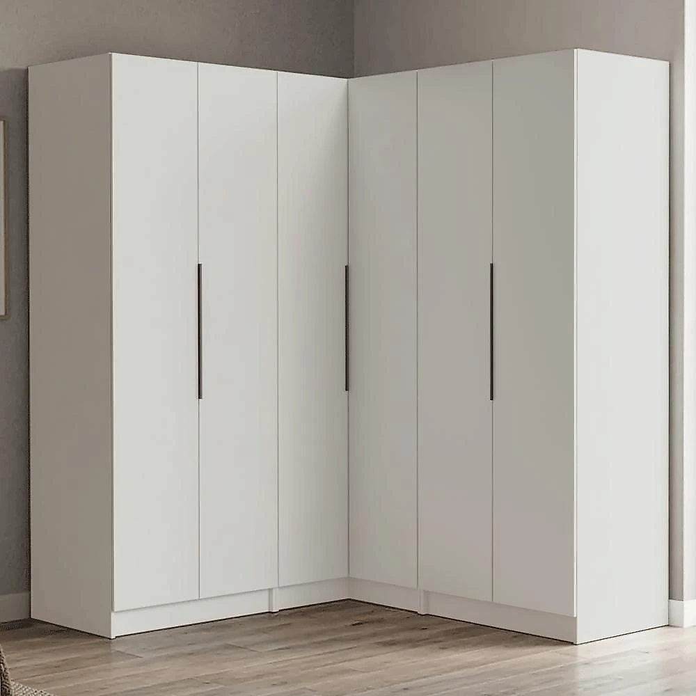 Guarda-roupa modulado de canto 350 cm 6 portas 4 gavetas branco neo madesa 01