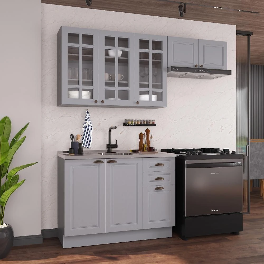 Cozinha Compacta Modulada Nara 8 Portas 2 Gavetas MDF Titânio Fidelita Móveis