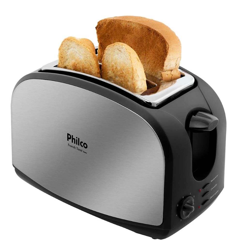 Torradeira de pão french toast inox philco com 8 níveis de tostagem descongela e reaquece 220v