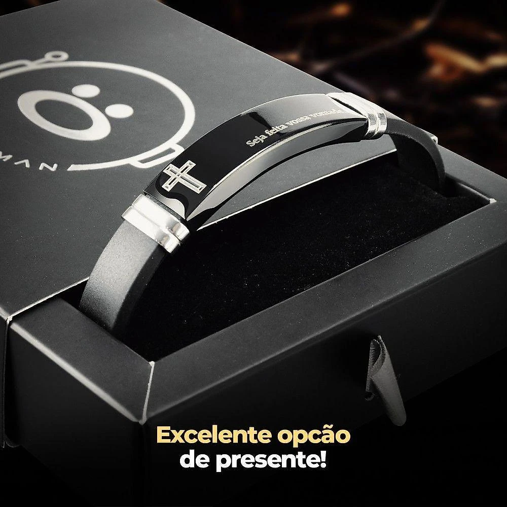 Pulseira Masculina Orizom Pai Nosso Silicone e Aço Ajustável Preto