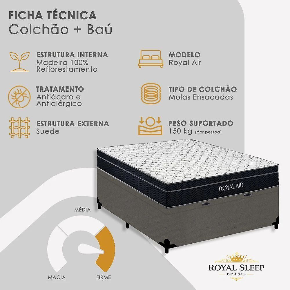 Cama Box Baú Casal 138cm Royal Air Molas Ensacadas Suede Cinza Royal
