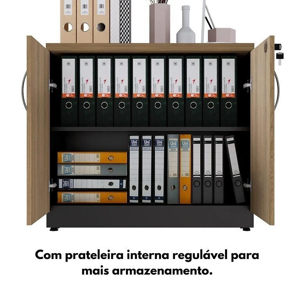 Conjunto para Escritório com Mesa de Reunião 6 Lugares e 2 Armários Baixos com Chave Espresso Móveis Macadâmia/Preto