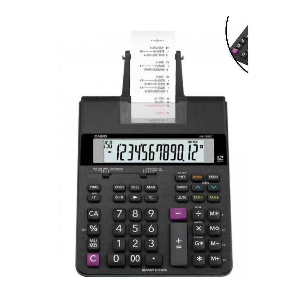 Calculadora com Bobina Compacta Casio HR150RC-B Impressão em 2 Cores Relógio e Calendário Preta