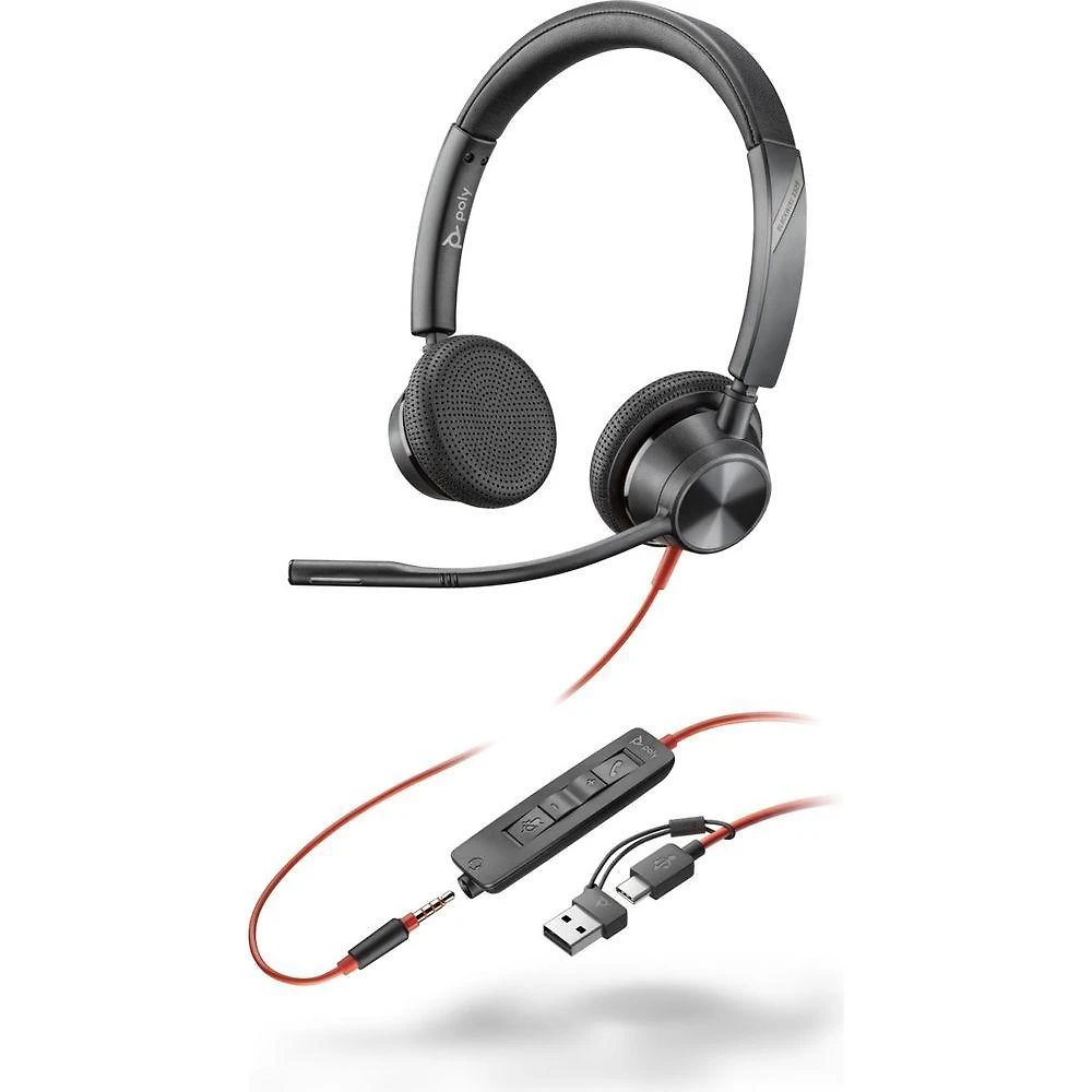 Headset Poly Blackwire 3325 Stereo com USB-C e Adaptador USB-A para PC e Móveis Preto