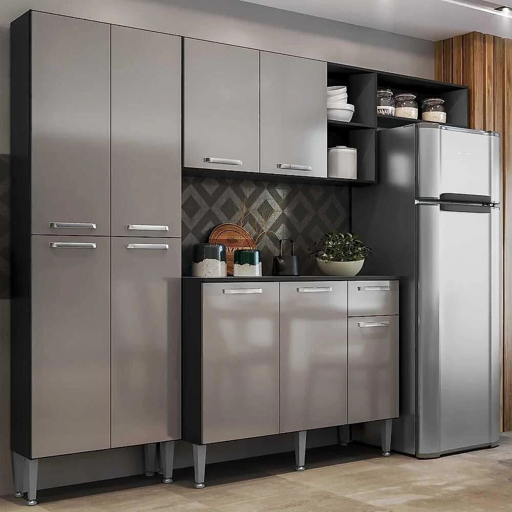 Armário De Cozinha Compacta Pequim Multimóveis V2933 Preto/Lacca Fumê Preto/Lacca Fumê