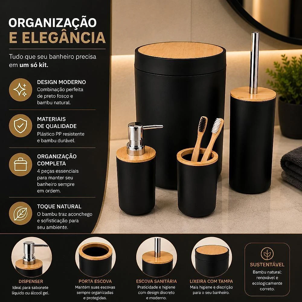 Kit Banheiro 4 Peças Lixeira Escova Sanitária Organizador Dispenser Bambu Preto Yeet