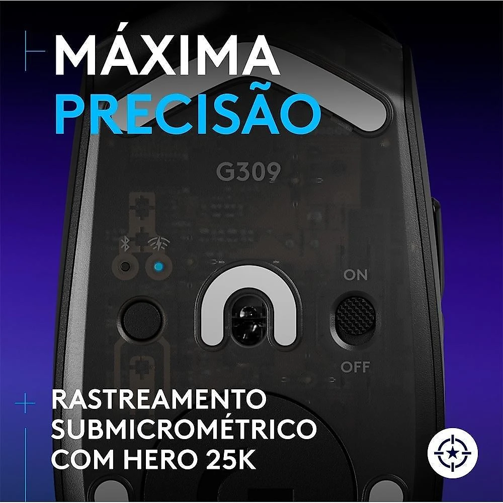 Mouse Gamer sem fio Logitech G309 LIGHTSPEED com Switches LIGHTFORCE, Sensor HERO 25K, 6 botões programáveis, Preto - 910-007198