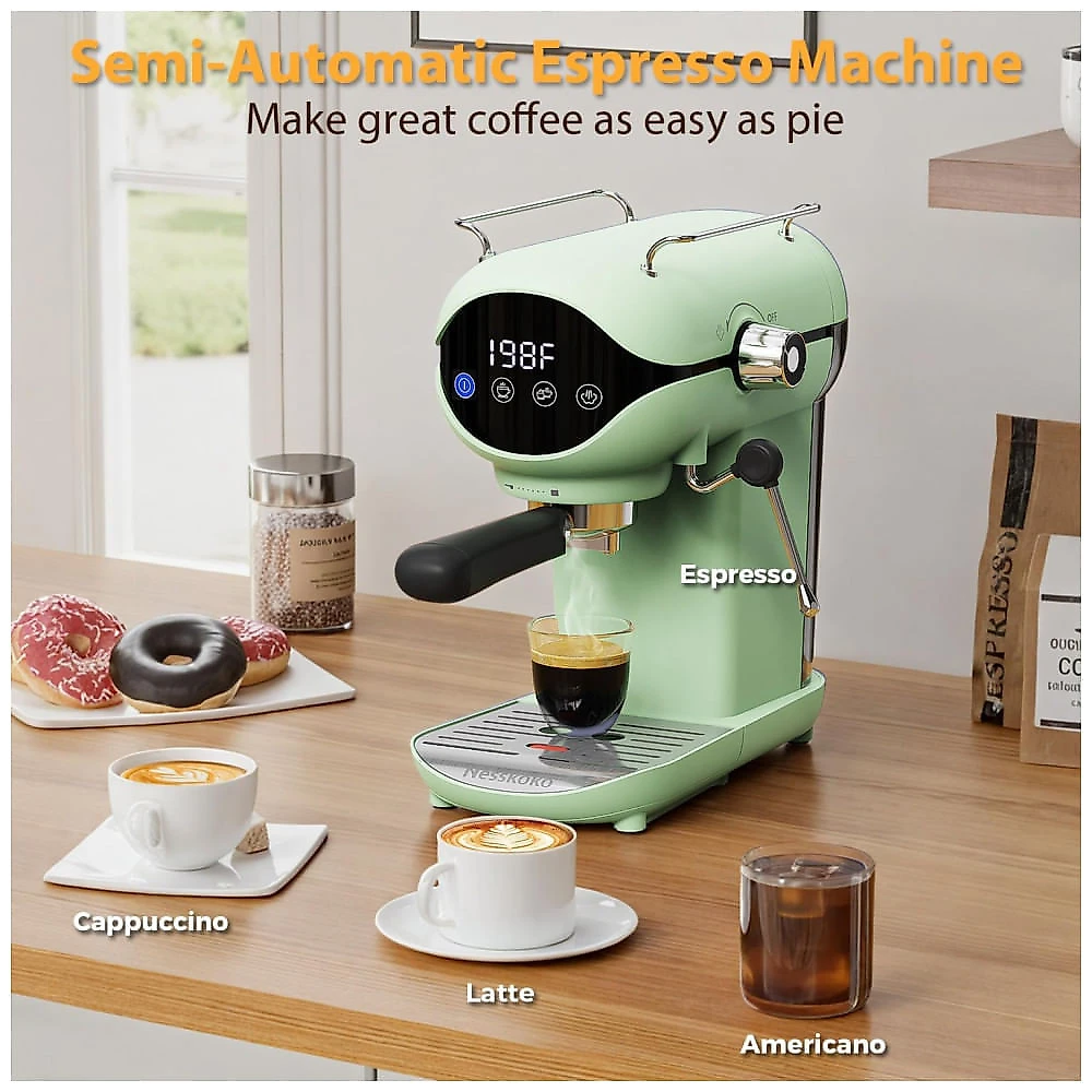 Nesskoko Máquina de Espresso Semiautomática Verde com Vaporizador, Tela Touch e 20 Bar de Pressão