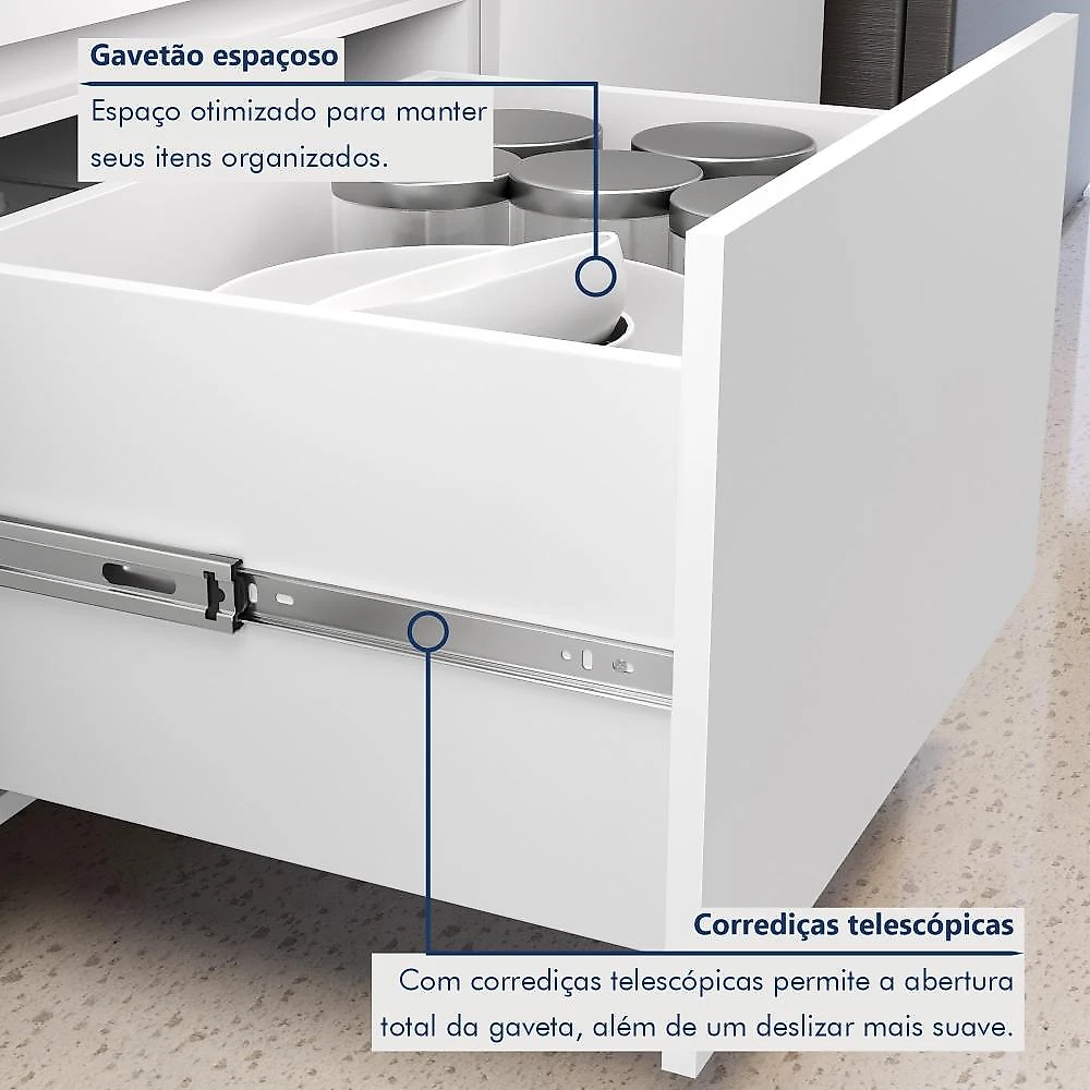 Balcão 1 Porta Basculante 4 Gavetas 120Cm  100% Mdf Rainha Branco/Nature