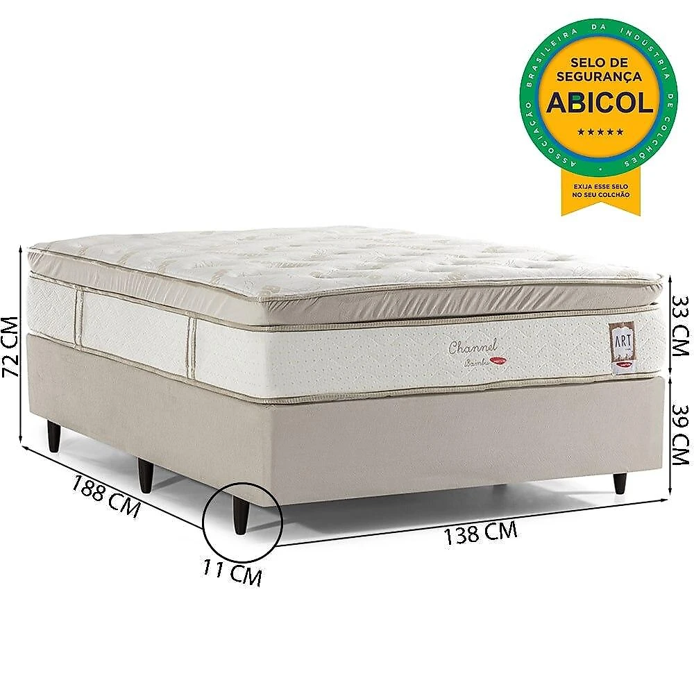 Cama Box Suede Casal Herval Channel Bambu, 72x138x188 cm, Molas Ensacadas Cama Box Suede Casal, Molas Ensacadas Herval Channel Bambu, 72x138x188 cm, Bege e Branco