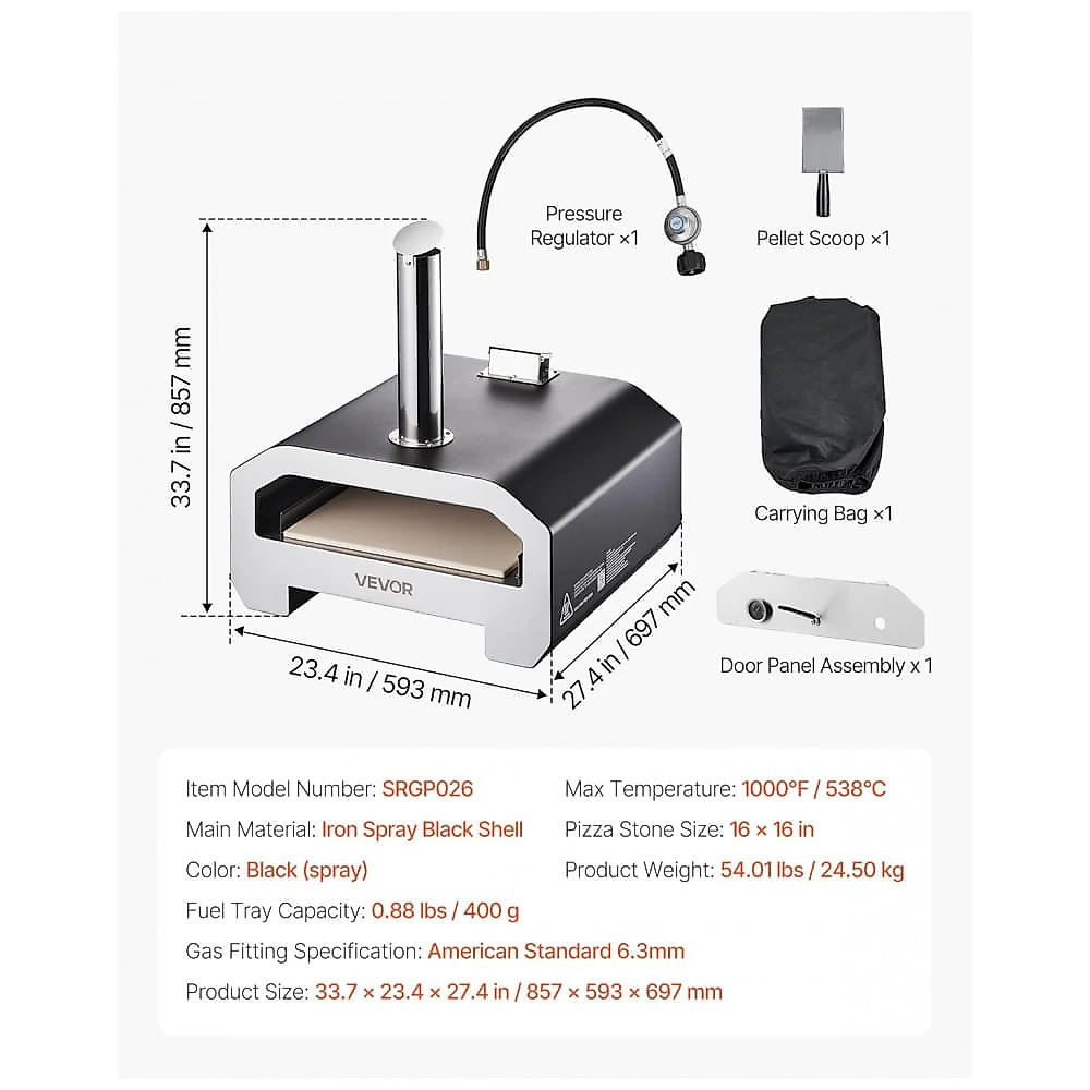 Forno de Pizza VEVOR Multicombustível 40,6 cm Lenha e Gás Portátil Pedra Refratária Alta Temperatura Externo