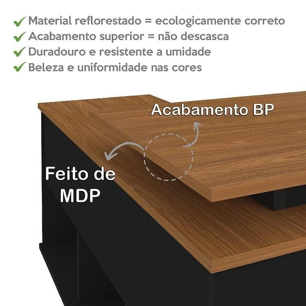 Conjunto 3 Peças 1 Escrivaninha em L Gold 1 Balcão Lugano 1 Gaveteiro Day Espresso Móveis Freijó/Preto