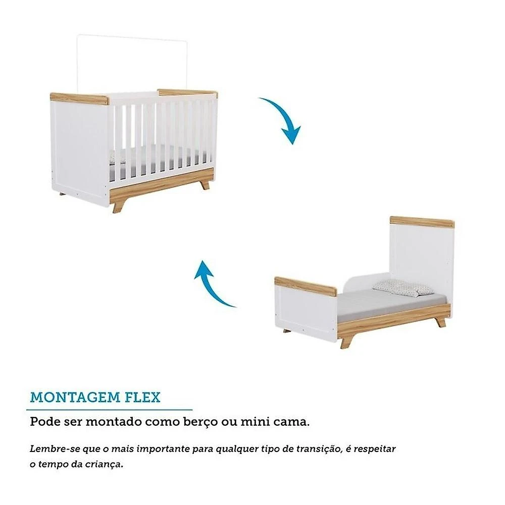 Quarto de Bebê com Berço Guarda-roupa e Cômoda com Janelas 100% Mdf Retrô Kakau Espresso Móveis Branco Brilho/Amêndoa
