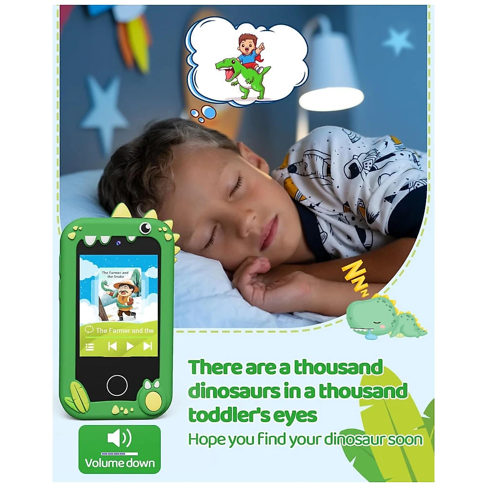 Telefone Brinquedo Infantil KOKODI Dinossauro Verde, Tela Touchscreen HD, Câmera Dupla, Cartão SD 8GB, Brinquedo Educativo Para Meninos de 3 a 10 Anos
