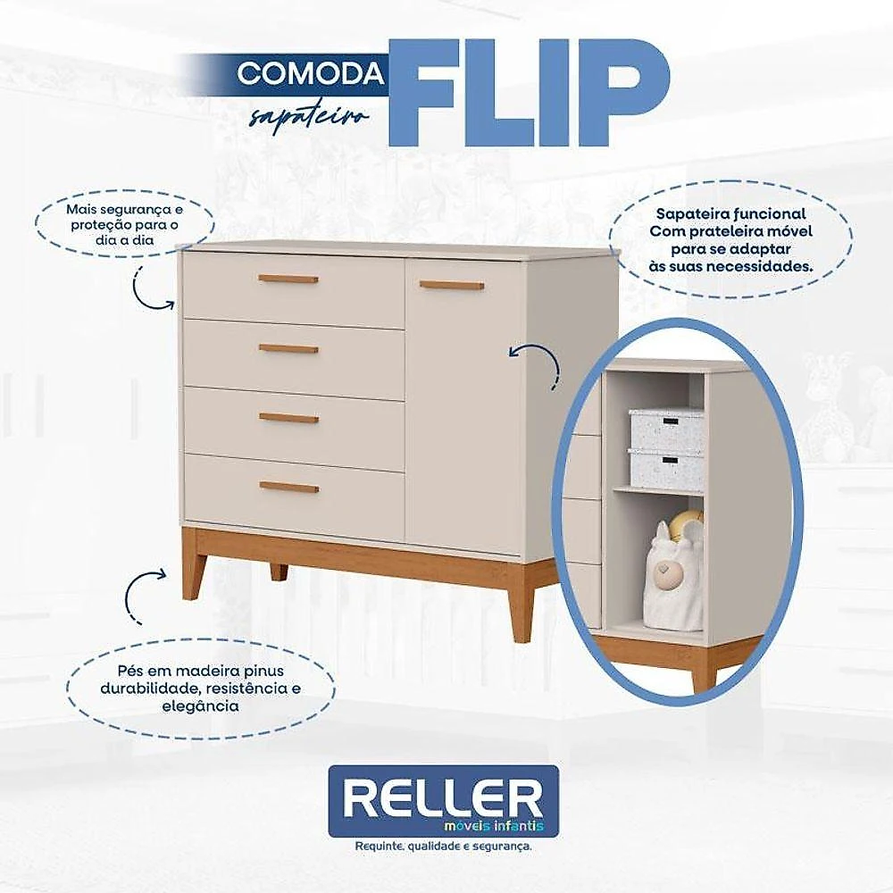 Quarto De Bebê Flip E Cômoda Sapateira Areia Acetinado - Reller