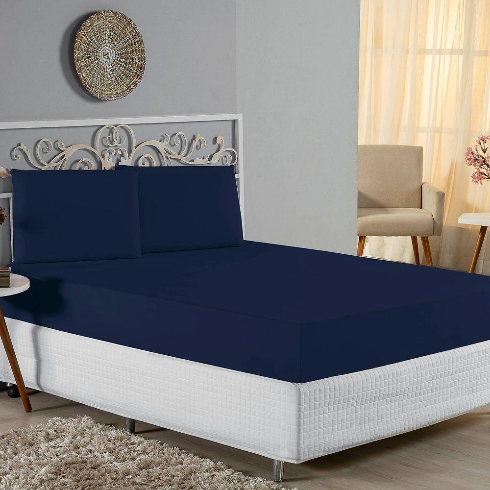 Jogo De Cama King Nobre 3 Peças Lençol Com Elástico De 30cm De Altura Malha 100% Algodão - Azul-marinho