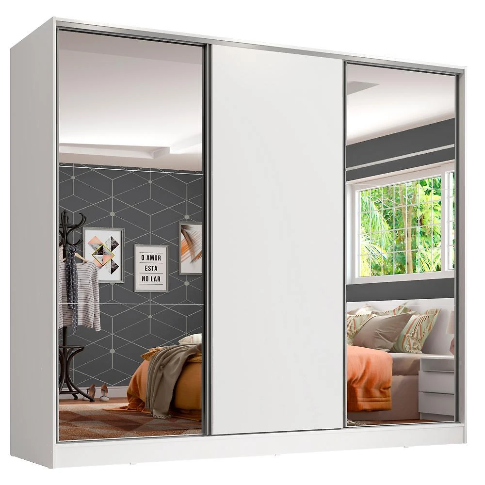 Guarda roupa juvenil 100% mdf madesa kevin 3 portas de correr com espelhos - branco