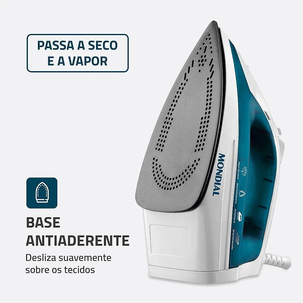 Ferro de Passar a Vapor Mondial F-32 1200W Base Antiaderente Azul e Branco 110V