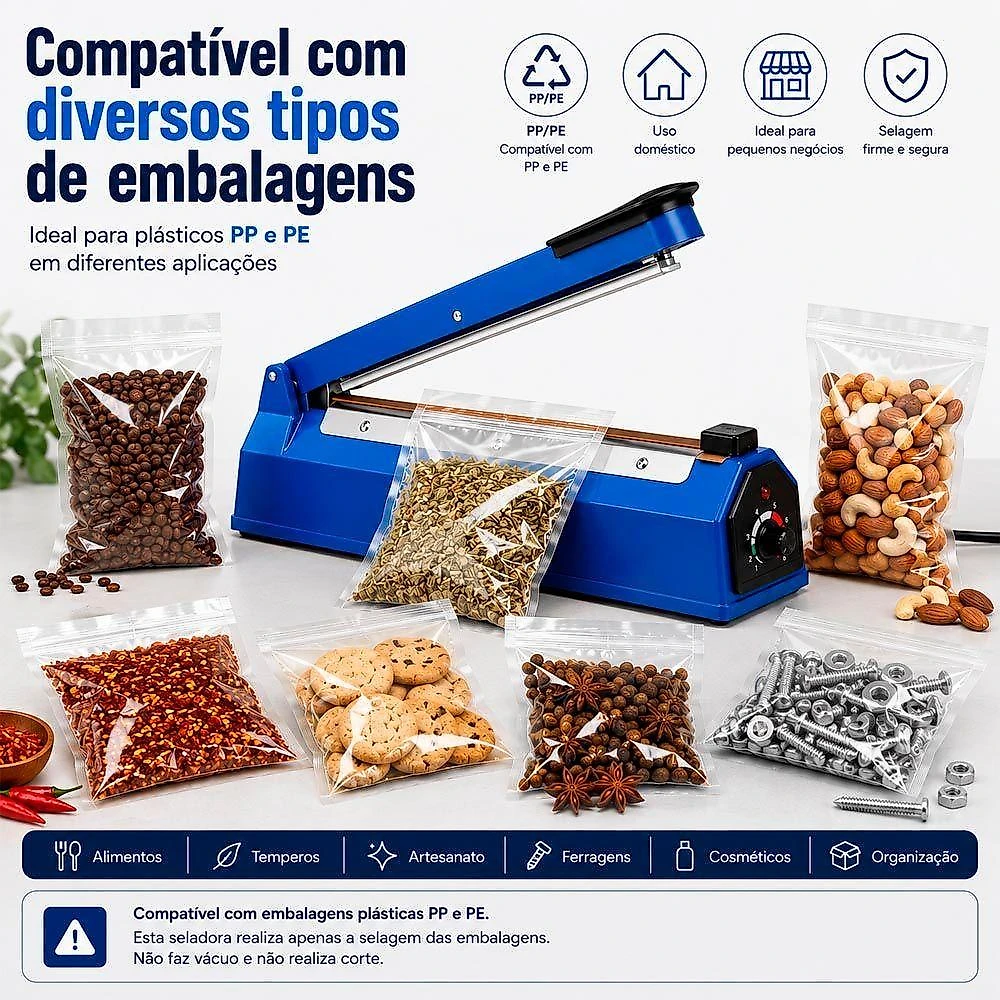 Seladora Manual Portátil 30CM 500W para Embalagens Plásticos com Selagem em 3 Segundos 110V