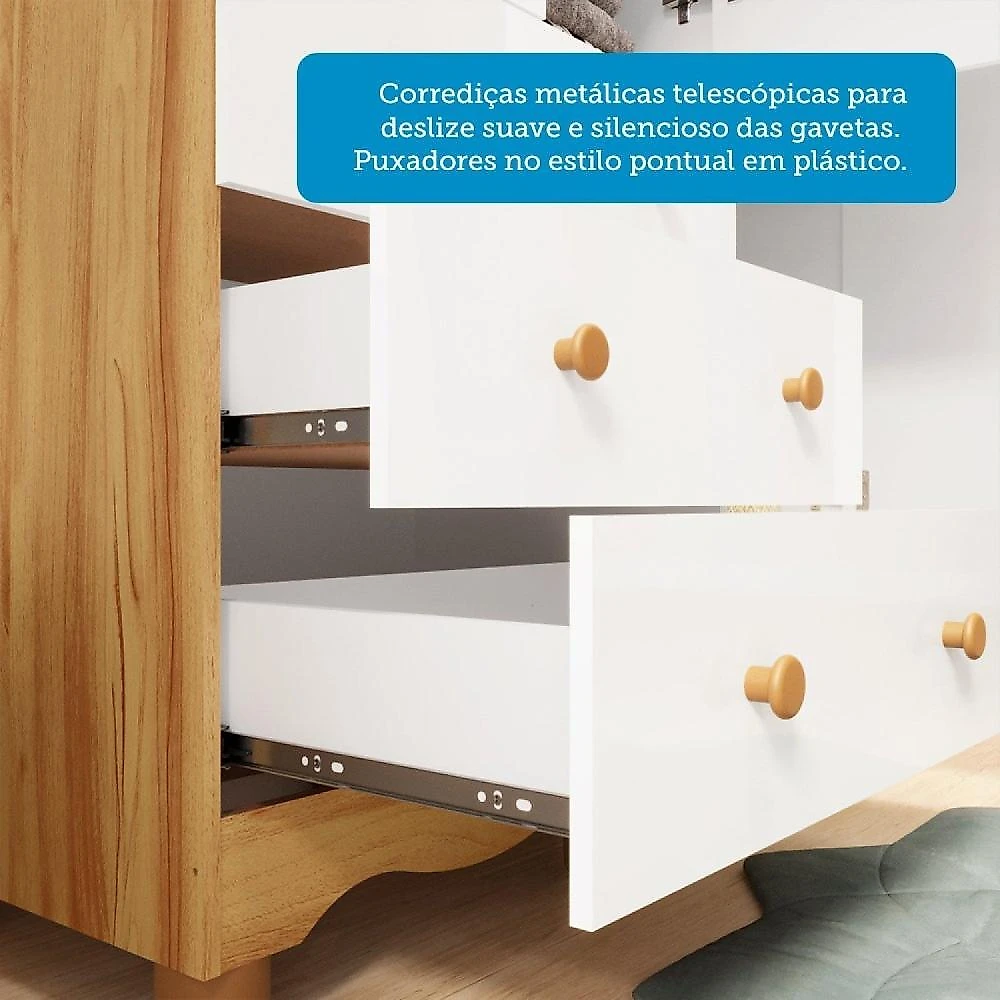 Quarto de Bebê Cômoda com 1 Porta Janelada e Berço com Rodízios 100% Mdf Lana Espresso Móveis Branco Brilho/Amêndoa