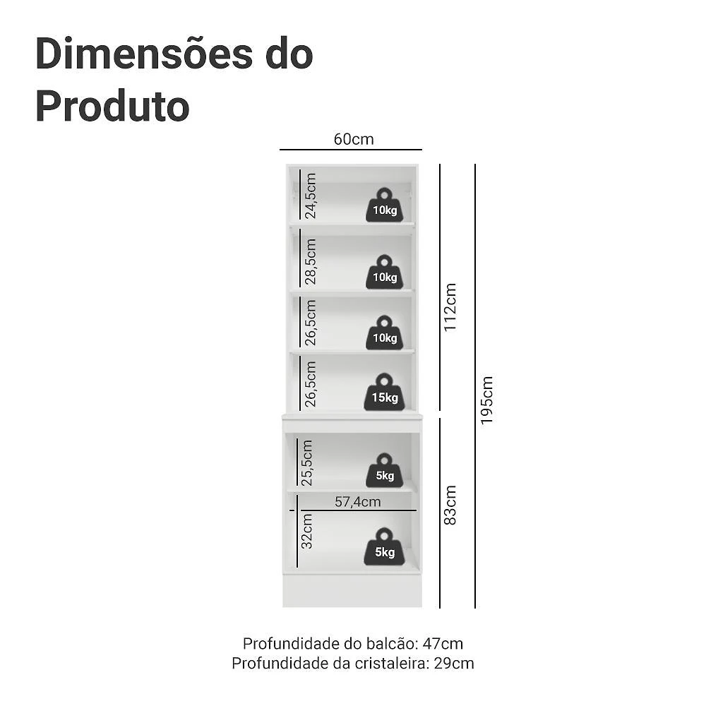 Kit balcão + cristaleira 60 cm smart 100% mdf madesa