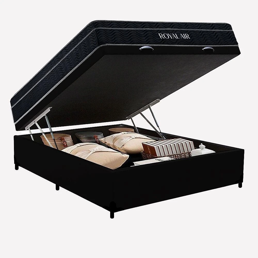Cama Box Baú Casal Royal Air Molas Ensacadas Sintético Preto Royal
