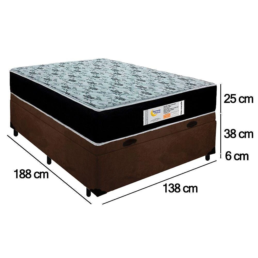Cama Box Baú Casal Suede + Colchão Molas Ensacadas Sereneprime Sonnolux 138x188x69 Marrom
