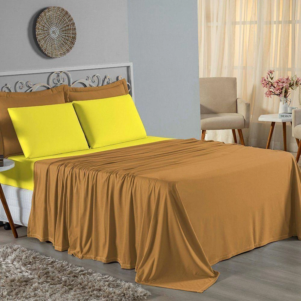 Jogo De Cama King Nobre 4 Peças Lençol Com Elástico De 30cm De Altura Malha 100% Algodão - Cobre / Amarelo