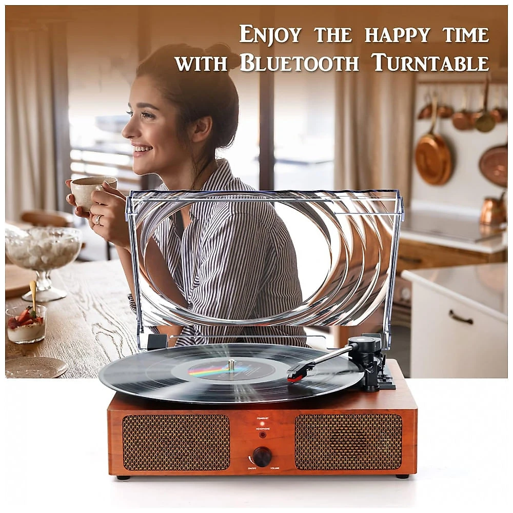 Toca Discos Retro 3 Velocidades com Bluetooth, USB e Alto Falantes, Cotsoco, Marrom