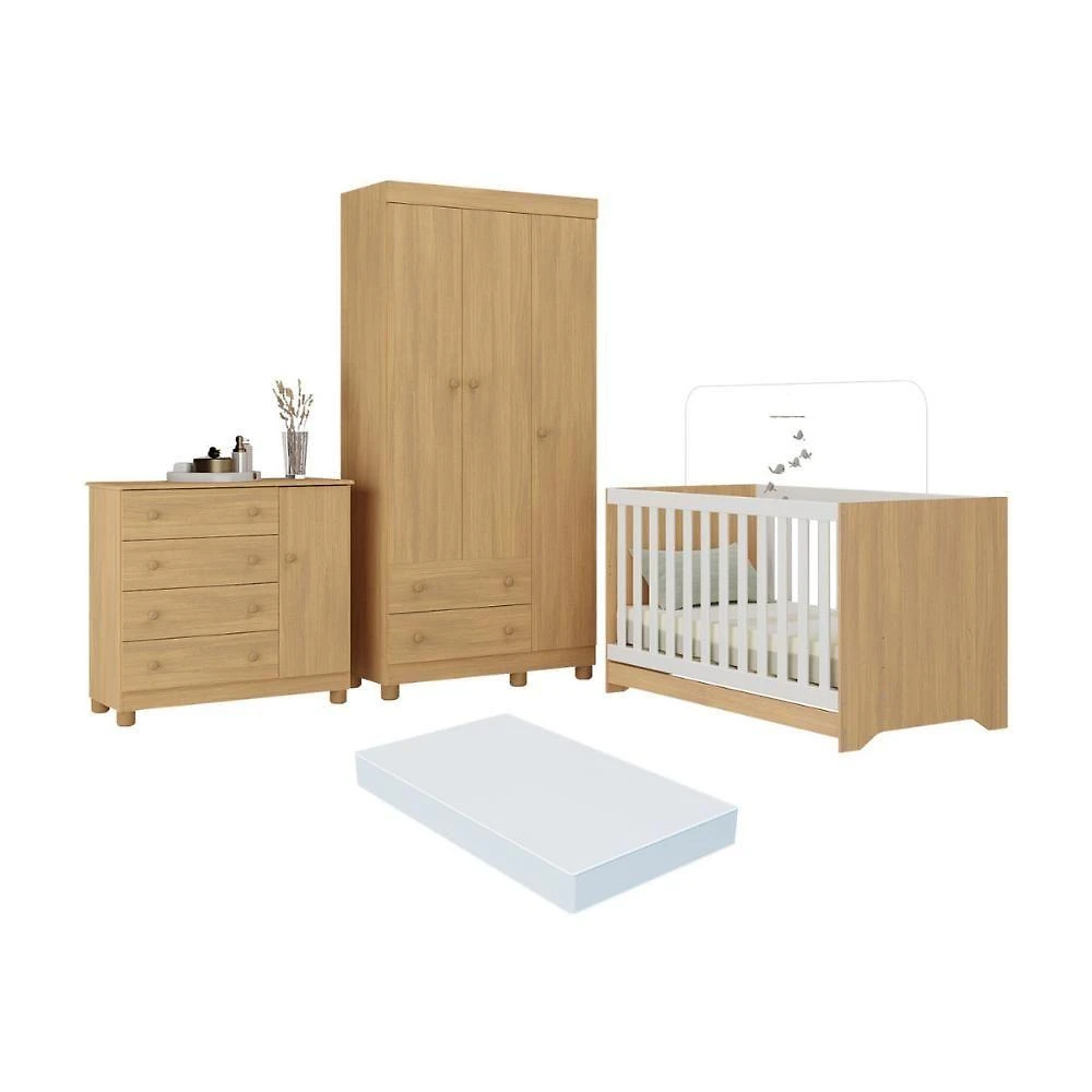 Quarto De Bebê Completo Berço Americano 3 Em 1 Colchão Allegra Multimóveis MP4606 Madeirado