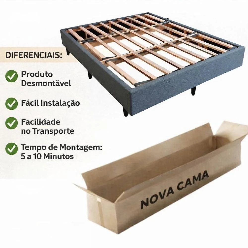 Cama Box Queen Base Cama Box Estrutura Madeira Desmontável Cinza 156CM