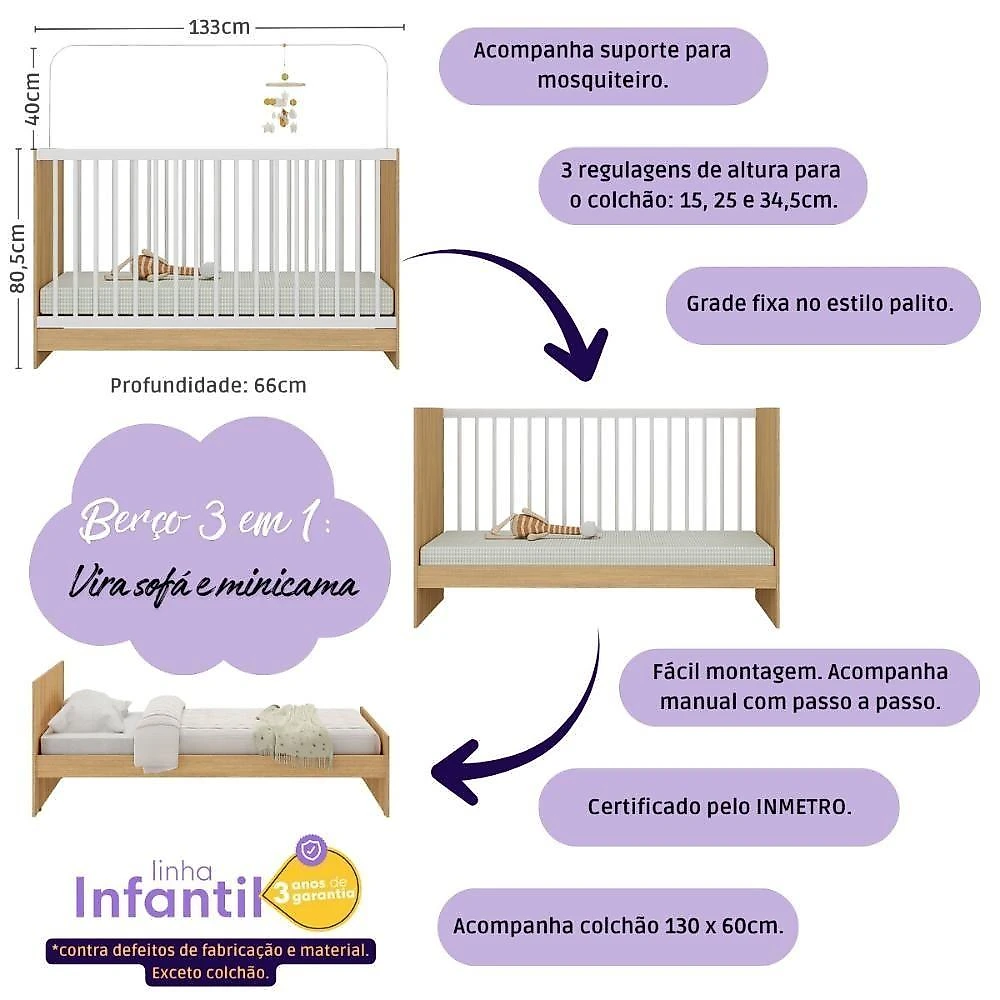 Quarto De Bebê Completo Com Berço 3 Em 1 Colchão Incluso Aurora Multimóveis MP4576 Madeirado-branco