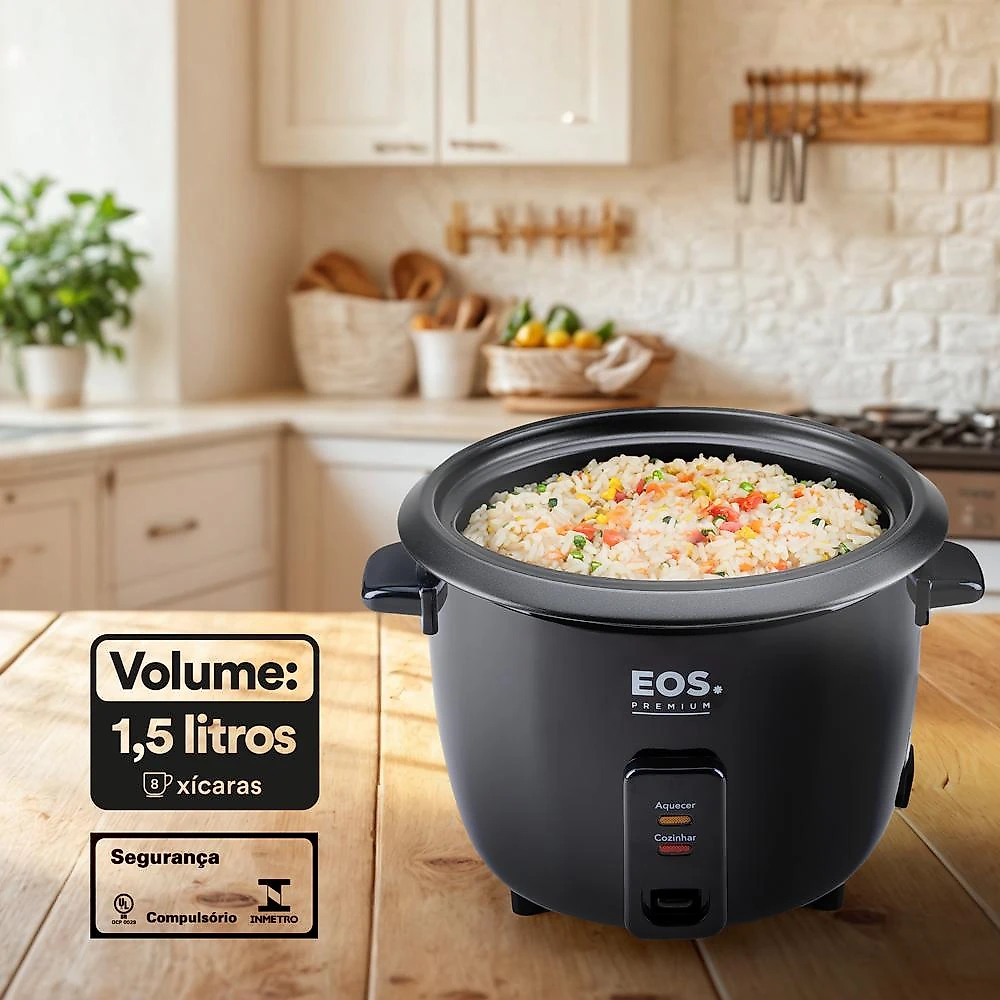 Panela Elétrica de Arroz 8 Xícaras EOS Premium Pratic Tampa de Vidro Preto EPA08P 220V