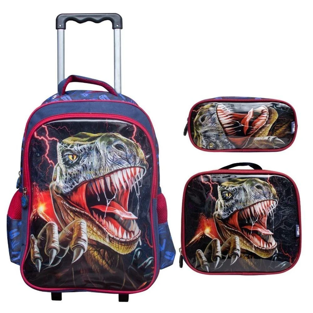 Kit Escolar Trex Para Meninos Mochila + Lancheira + Estojo Reforçada Resistente 17' - Trex Attack Azul Escuro