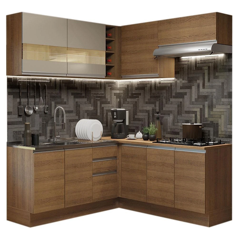 Cozinha completa de canto madesa glamy 349001 com armário e balcão (sem tampo) - rustic/rustic/crema
