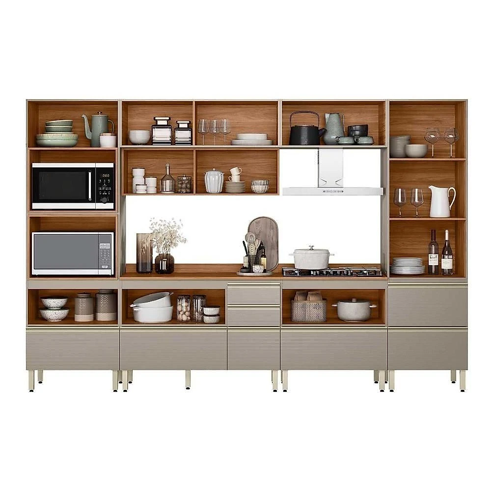 Cozinha Completa Proença 6 Peças 3 Portas 7 Gavetas MDF 119,5CM Nogueira Touch e Nude Prime