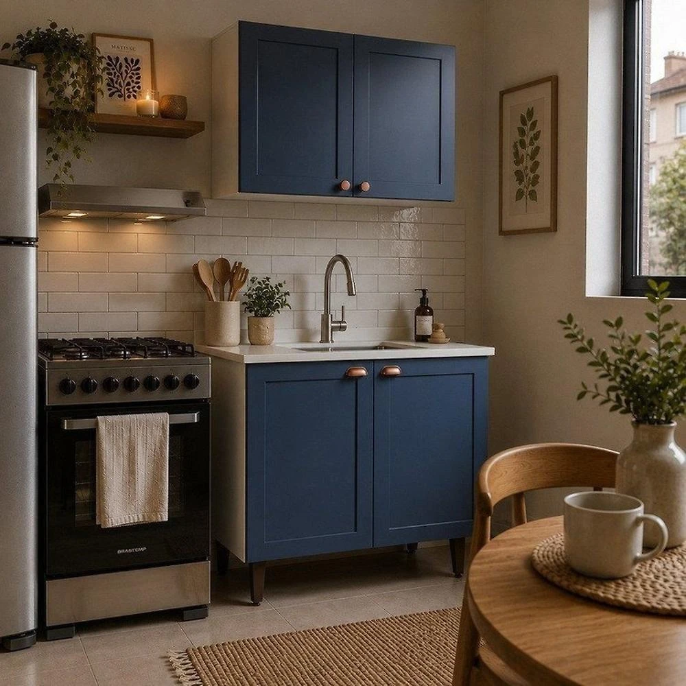 Cozinha 2 Peças Balcão e Aéreo 80 cm Pérola Yescasa Azul