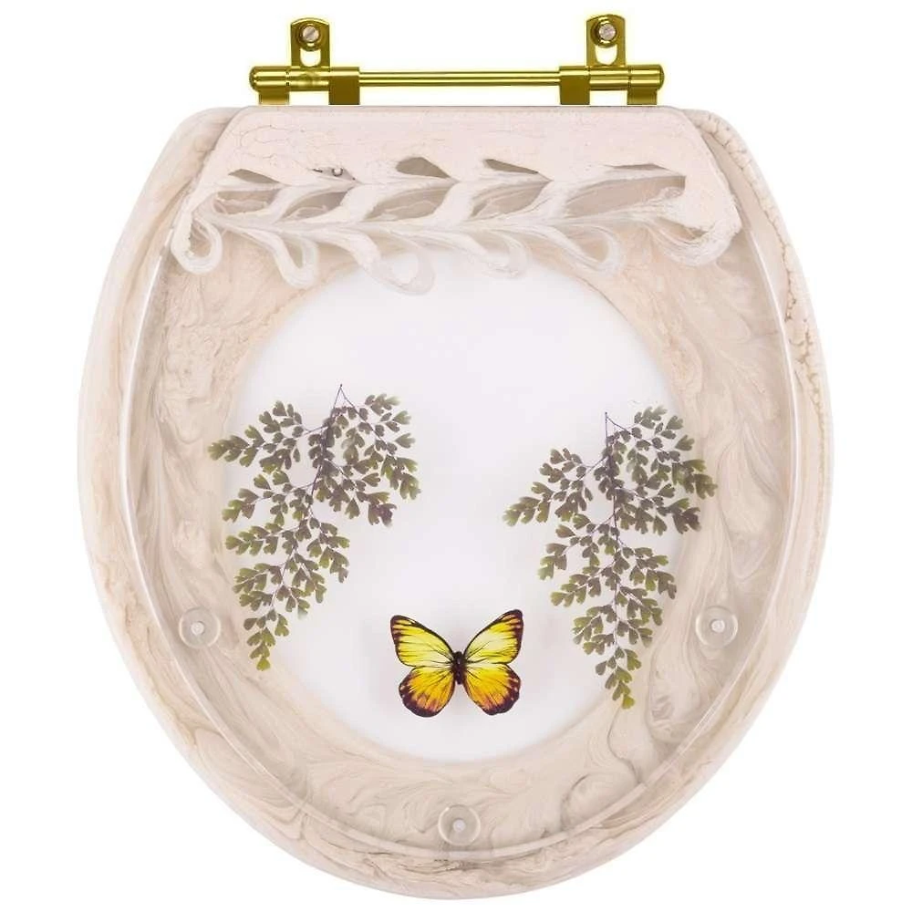 Assento Sanitário Oval Resina Plástica Parafusado Decorado Borboleta Amarela Bege Pontto Lavabo 40CM