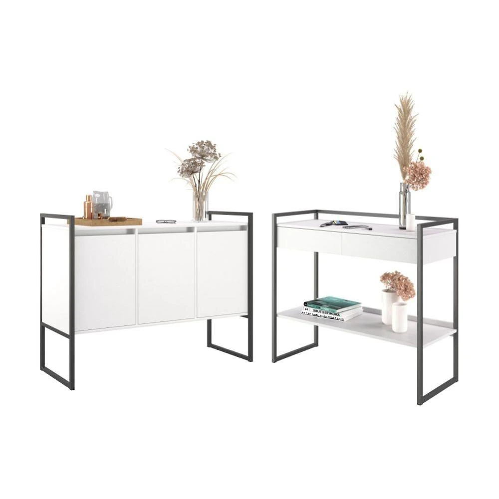 Conjunto Buffet e Aparador Industrial Branco 3 Portas 3 Prateleiras MDP PERFEX Casah