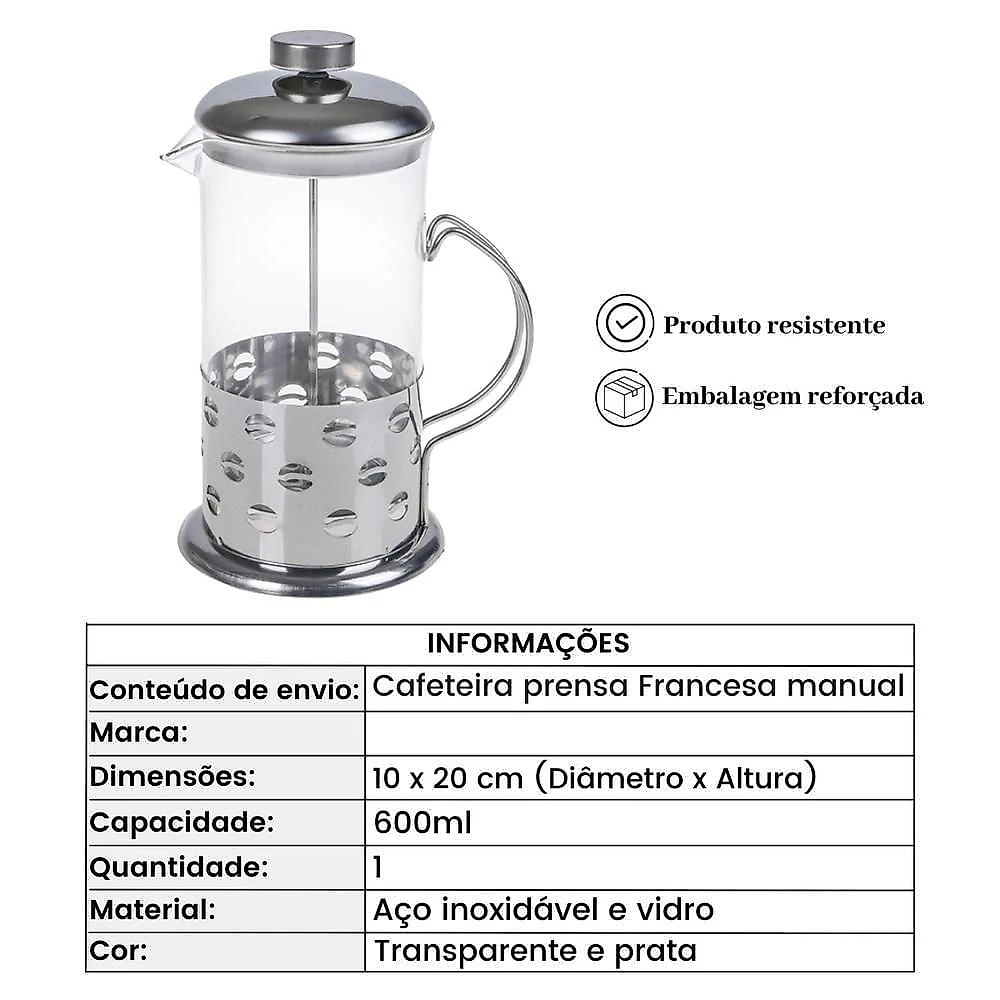 Cafeteira Francesa Em Inox Luxo Chaleira Expressa Em Vidro Cremeira Bule Prensa French Press Luxo 600ml