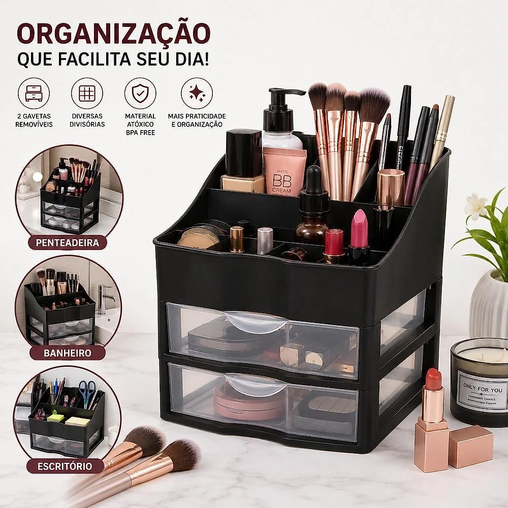 Organizador de Cosmético Porta Maquiagem Nitron com Divisórias e 2 Gavetas Removíveis