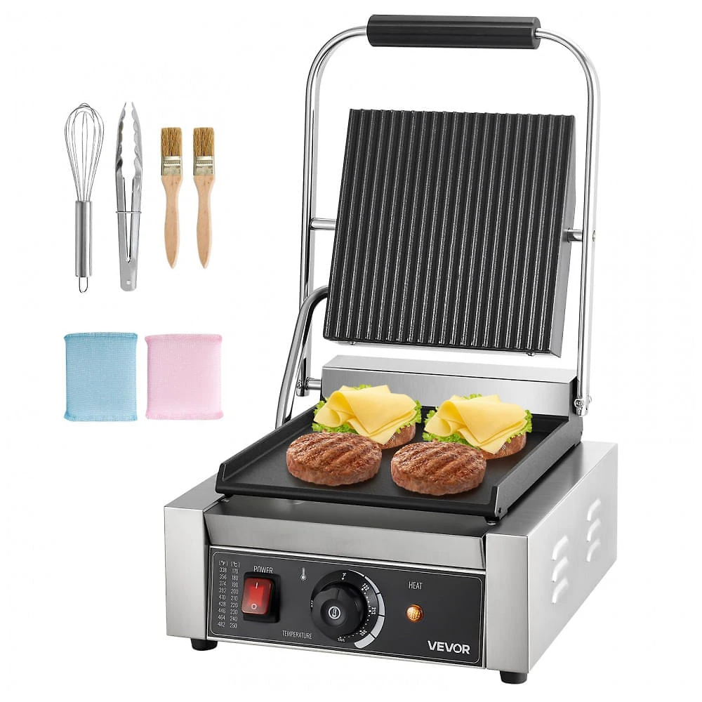 Grill de Panini Comercial VEVOR 1800W Inox Chapa Esmaltada Controle de Temperatura 110V