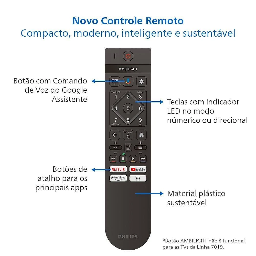Smart tv led 50" ultra hd 4k philips 50pug7019 com google tv, comando de voz, wi-fi, entradas hdmi e usb