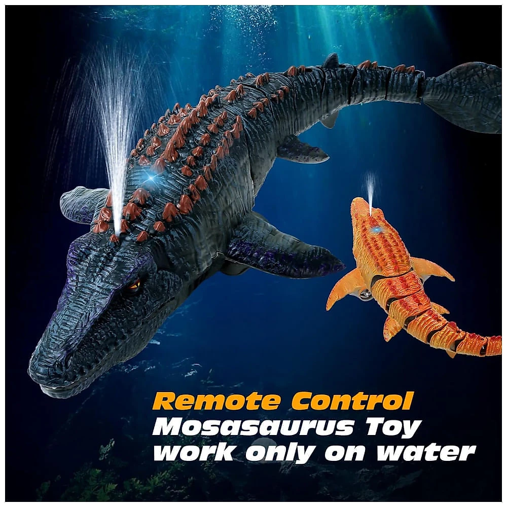 fromeasy Mosasaurus RC: Dinossauro Controle Remoto com Luz e Spray de Água para Piscina e Banho