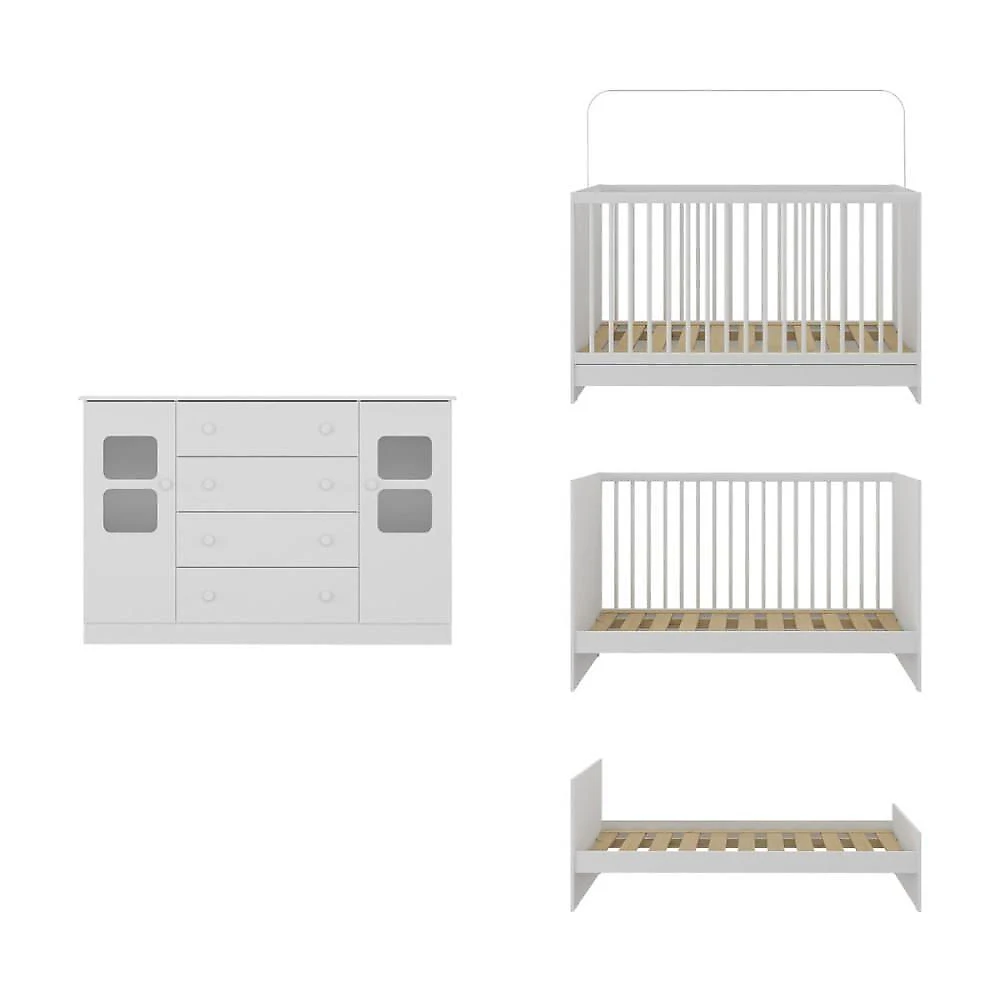Berço 3 Em 1 Para Colchão 130x60cm Com Cômoda 2 Portas 4 Gavetas Brisa Multimóveis MP4747 Branco