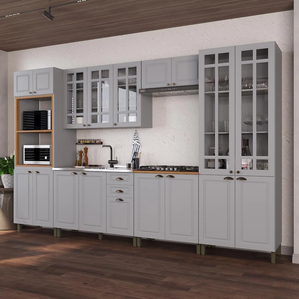 Cozinha Completa Nara 18 Portas 2 Gavetas MDF 350CM Titânio Fidelita Móveis