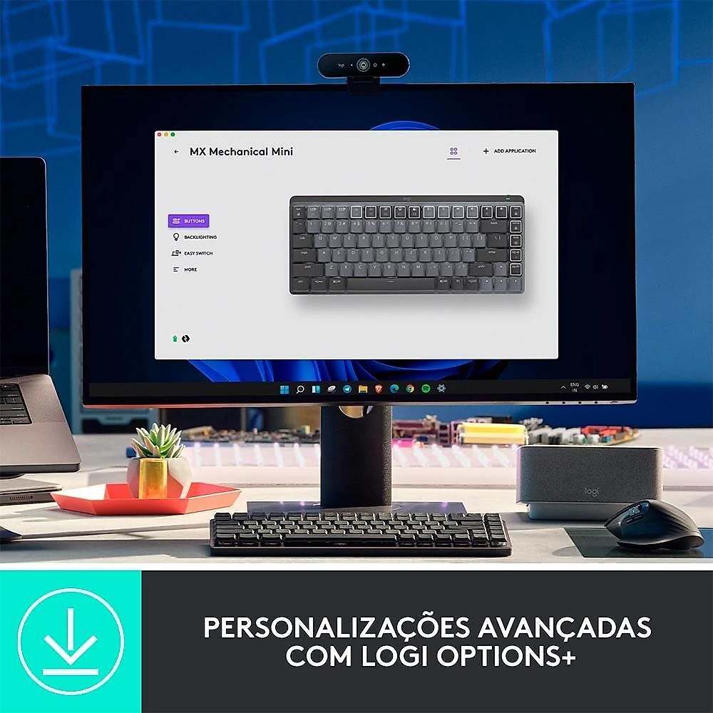 Teclado Mecânico Sem Fio Logitech MX Mechanical Mini, Iluminação, Switch Tactile Quiet, Bluetooth, USB, Preto - 920-010783