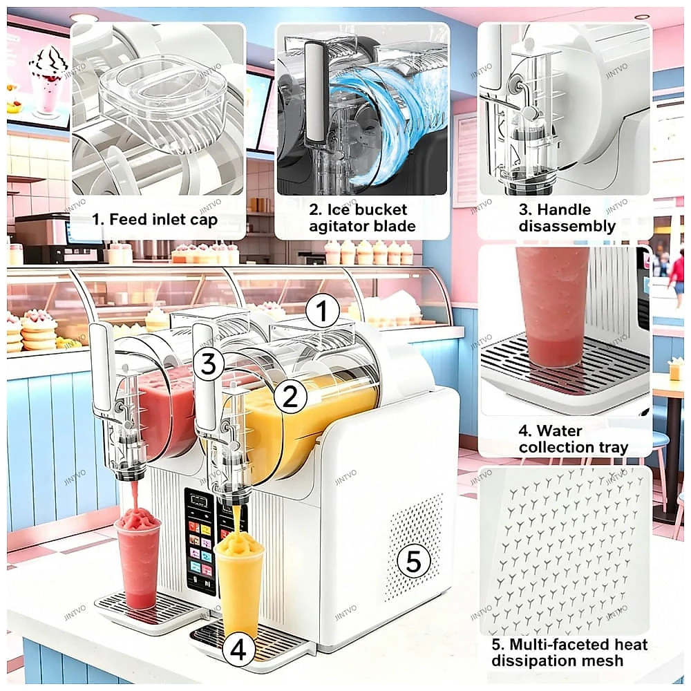 Máquina de Slush Raspadinha JINTVO Duplo Tanque 2L 7 Programas Auto Limpeza 430W Preta
